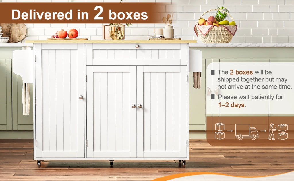 Isola cucina con piano ribaltabile, carrello con cassetto e spazio contenitivo, colore Natural e Bianco