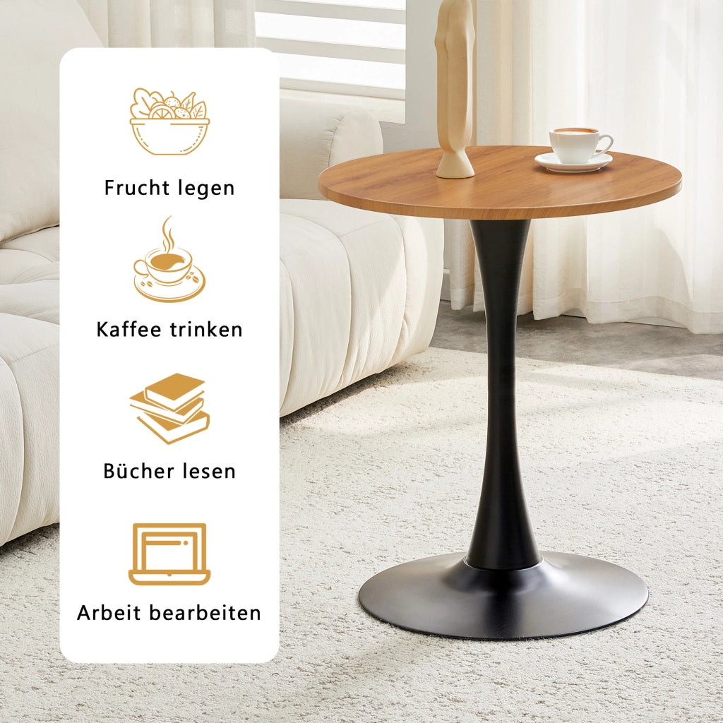 Tavolo da pranzo rotondo con base centrale, piano in MDF effetto legno, stile mid-century, per soggiorno, nero e legno