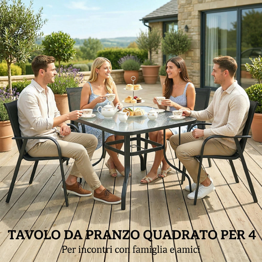 Tavolo da Giardino Quadrato a 4 Posti con Piano in Vetro e Foro per Ombrellone ?43 mm, Nero