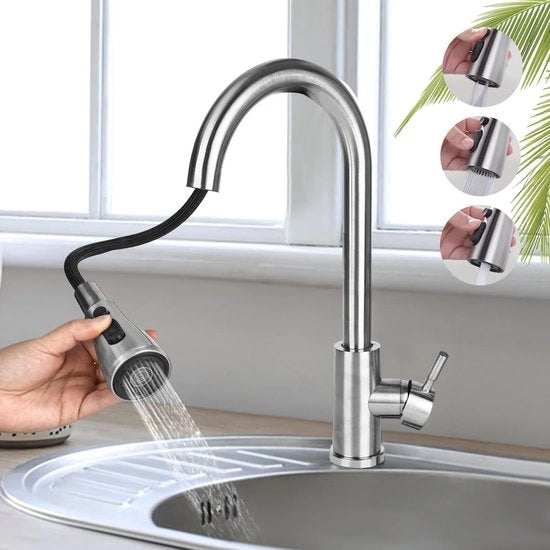 Kraan da cucina, alta pressione con doccia estraibile, miscelatore con due getti d'acqua, 360° girevole, in acciaio inossidabile