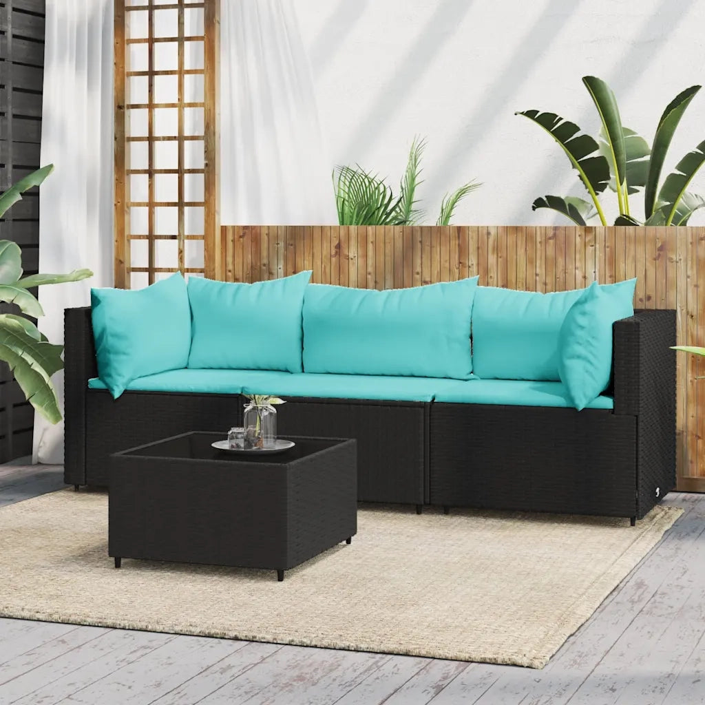 Set Divani da Giardino 4 pz con Cuscini Nero in Polyrattan