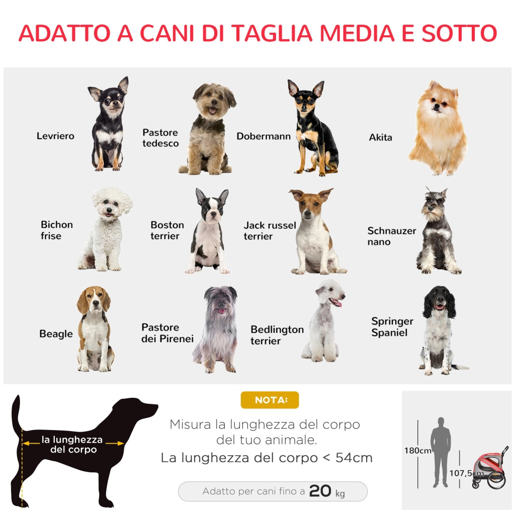Easycomfort Rimorchio Cani con Ingresso a Cerniera, Ruote e Bandiera, in Acciaio e tessuto Oxford, Rosso Argento Nero