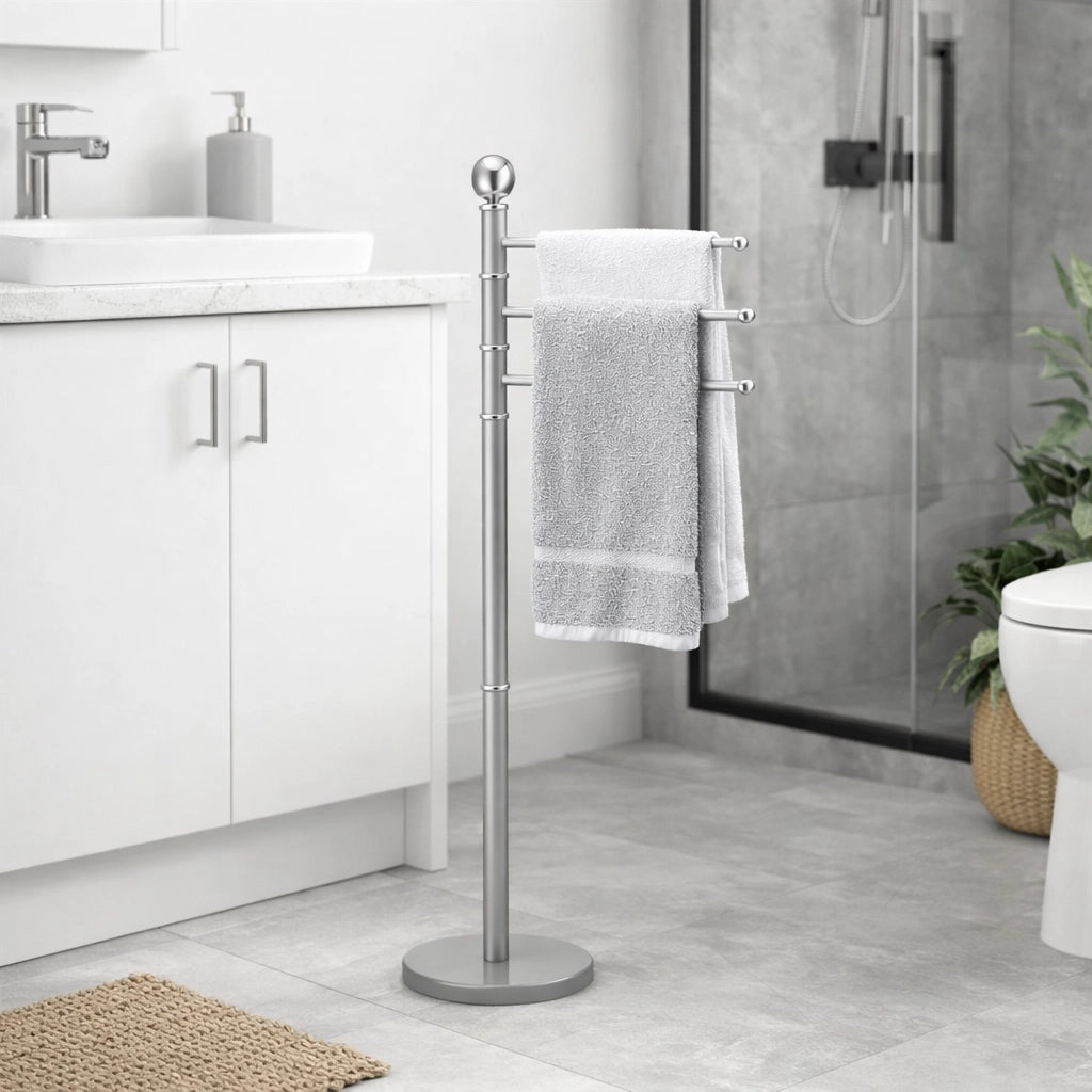 Piantane da Bagno Porta Asciugamani Acciaio Smaltato 3 Braccia Grigio Chiaro
