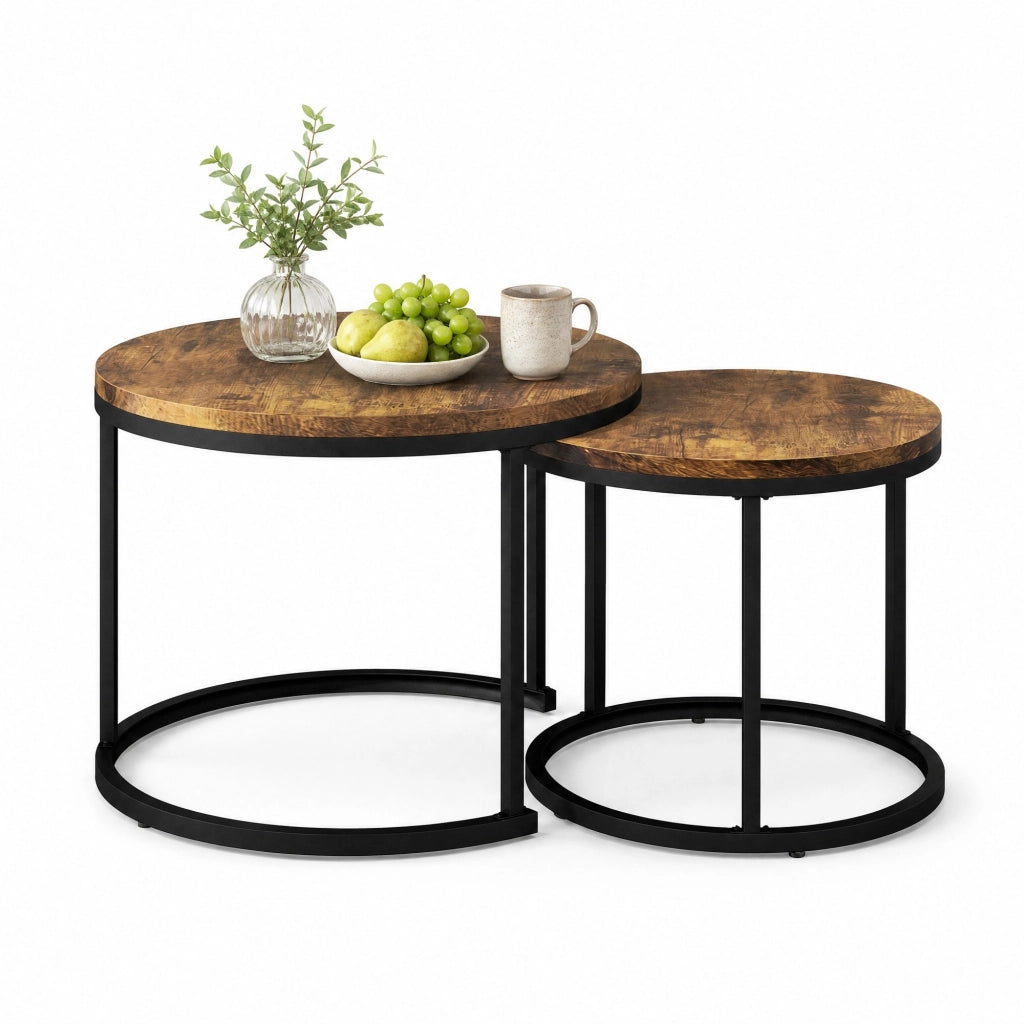 Set di 2 tavolini rotondi da salotto impilabili marroni in MDF