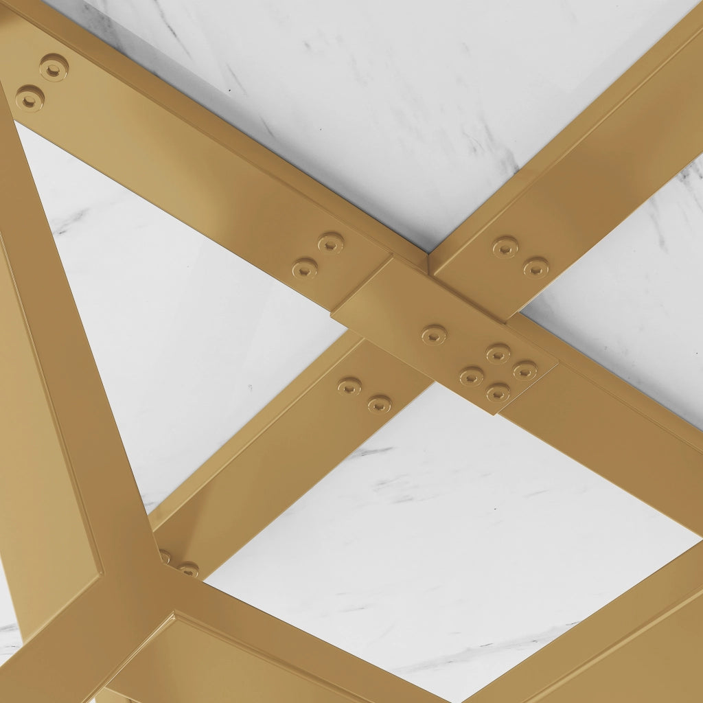 Tavolo da pranzo rotondo con piano effetto marmo, struttura in metallo dorato a X, per sala da pranzo, diametro 100 cm