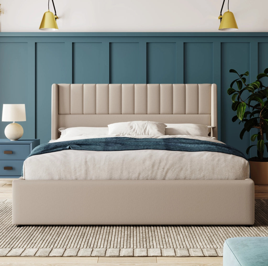 Letto contenitore imbottito idraulico 140x200 cm beige
