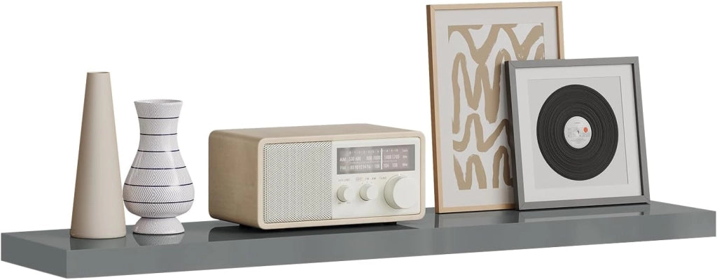 Mensola da Muro, Set di 2, Scaffale Sospeso da Parete Libreria Piccola per Soggiorno Cameretta Porta CD DVD, Pannello MDF 100x22,9x3,8cm, Grigio Lucido, RG9482gr-2