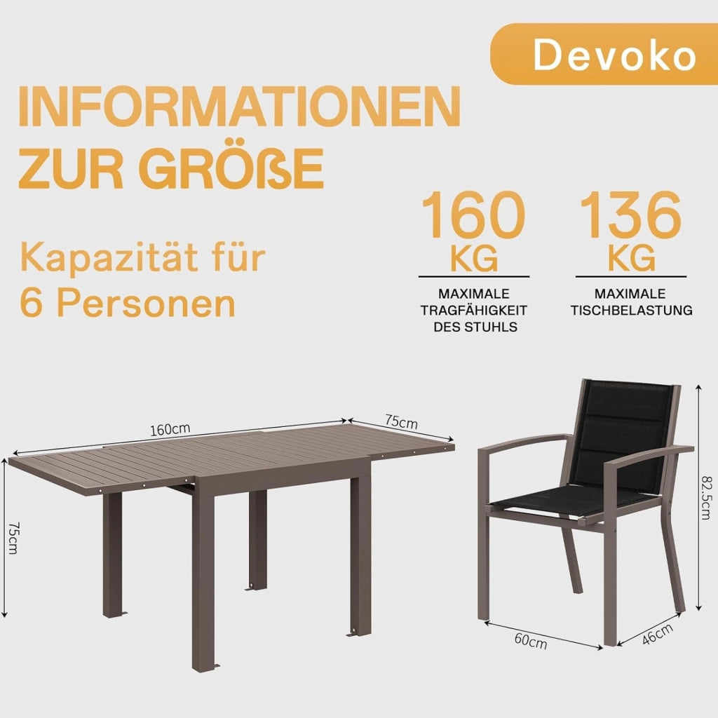6 Persone Set Tavolo e Sedie Da Giardino In Alluminio, 6 Sedie Impilabili e 1 80-160CM Tavolo Da Giardino Allungabile In Alluminio, Set Da Giardino Esterno, Marrone
