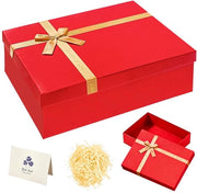 Scatola di regalo rossa con coperchio, 40 x 30 x 15 cm, con raffia e cartolina da auguri, scatola di regalo per compleanni, Natale e San Valentino