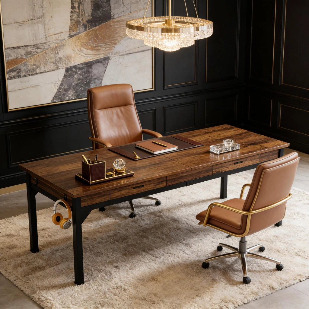 Scrivania doppia 200 cm per 2 persone con 2 cassetti, ganci e struttura in metallo
