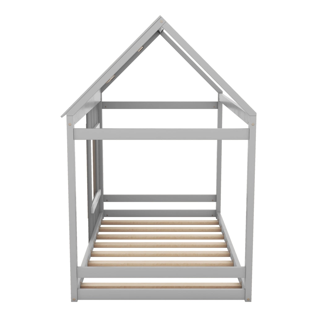 Letto bambino 90×200 cm a casetta con tetto e finestra; senza materasso; legno e MDF; grigio