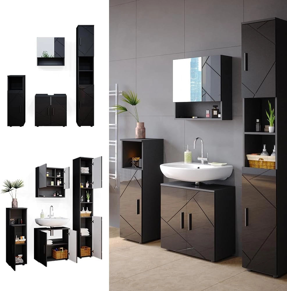 Set mobili bagno Irma, Antracite lucido, 80 cm, composto da mobile lavabo, pensile a specchio, colonna e base media