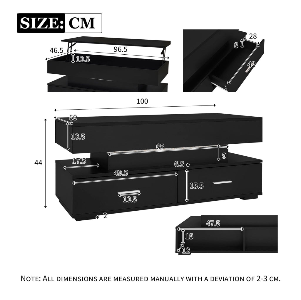 Tavolino da salotto sollevabile 100x50x44 cm in truciolare nero con LED e 2 cassetti