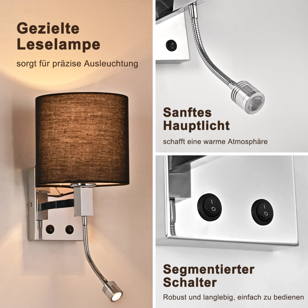 ZMH Lampada da Parete Nera Orientabile con Paralume in Tessuto Rotondo E27 per Camera da Letto Corridoio