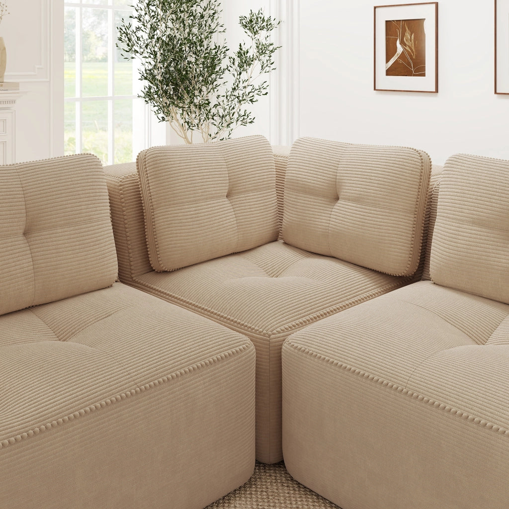 Divano angolare modulare con seduta profonda e schienale adattabile in tessuto cord beige