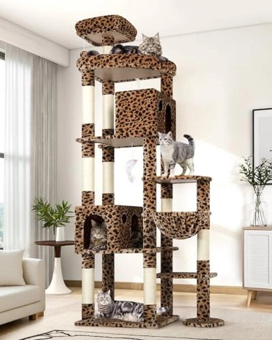 Albero per gatti XXL 213 cm alto - stampo di leopardo - con 2 grandi case per gatti, piattaforma, cesta e paline di sisal per arrampicarsi - adatto per 3-5 grandi gatti come Maine Coon
