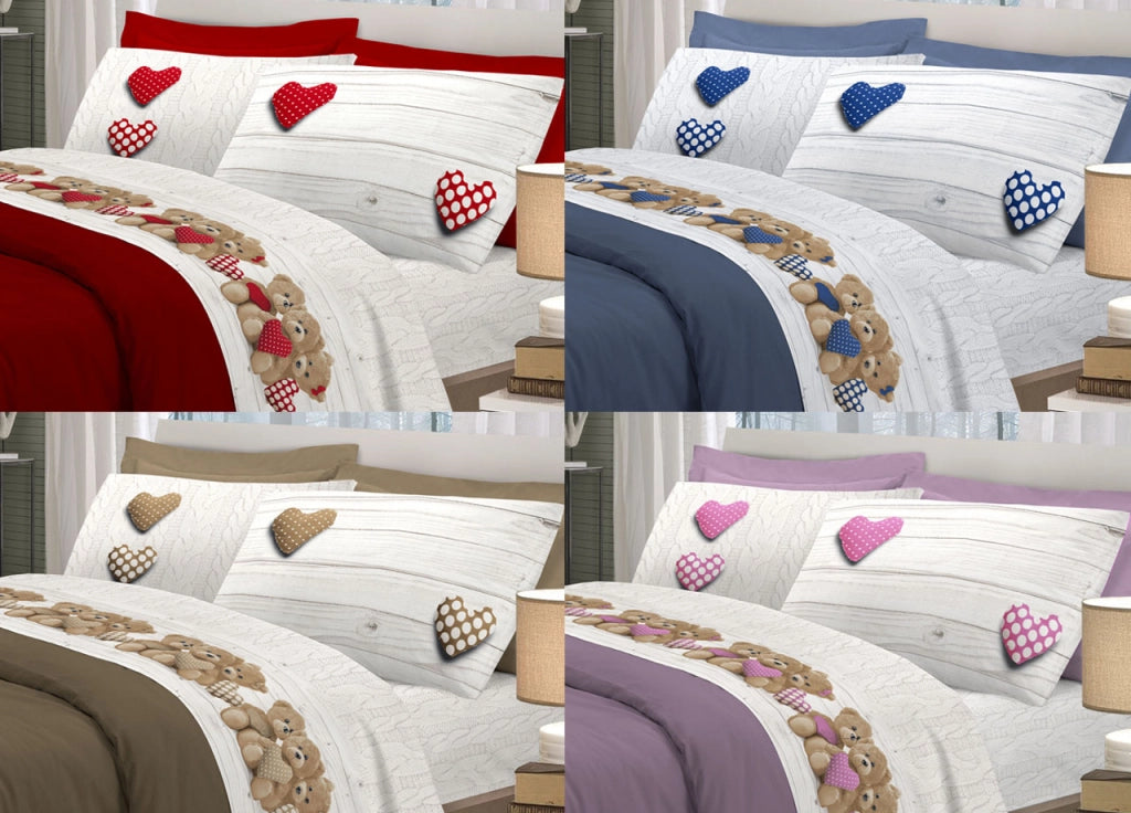 Completo Lenzuola Linea Pensieri Delicati 100% Cotone Disegno New Orsetti - Piazza E Mezza - Rosso