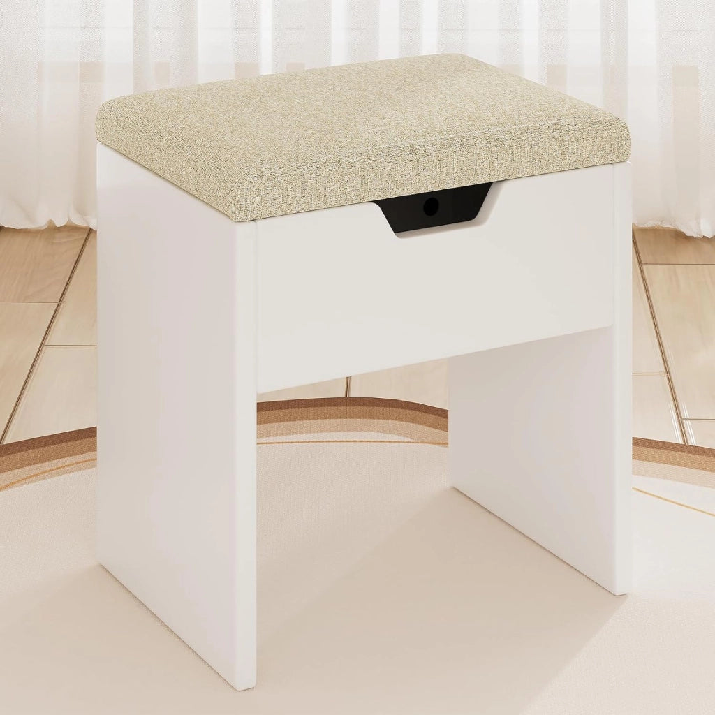 Sgabello Toeletta Trucco con Cuscino,Sgabello Per Trucco con Spazio Di Stoccaggio,Sedia da Make Up per Camera da Letto,Piedeappoggio,Bianco