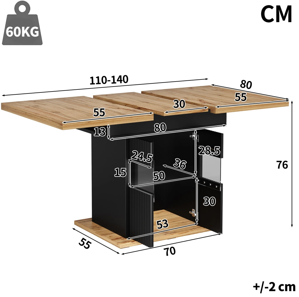 Tavolo allungabile con vano contenitore e illuminazione LED; 110/140x80x76 cm; MDF e metallo; nero