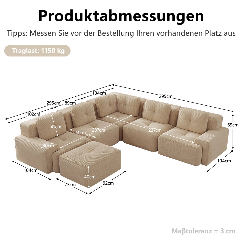 Divano angolare modulare senza telaio con seduta profonda e base antiscivolo in velluto a coste beige 295 × 295 × 69 cm