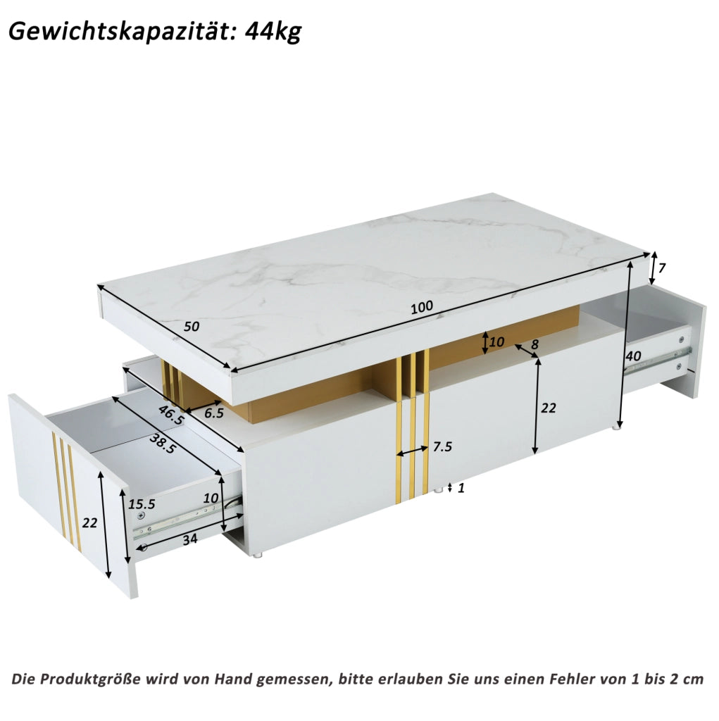 Tavolino da salotto moderno rettangolare 100x50x40 cm bianco lucido con 2 cassetti