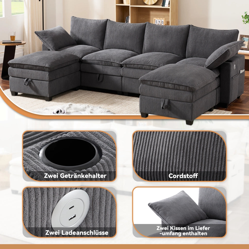 DIVANO Modulare L/U 280x151x82 cm Corduroy Grigio 5-6 posti
