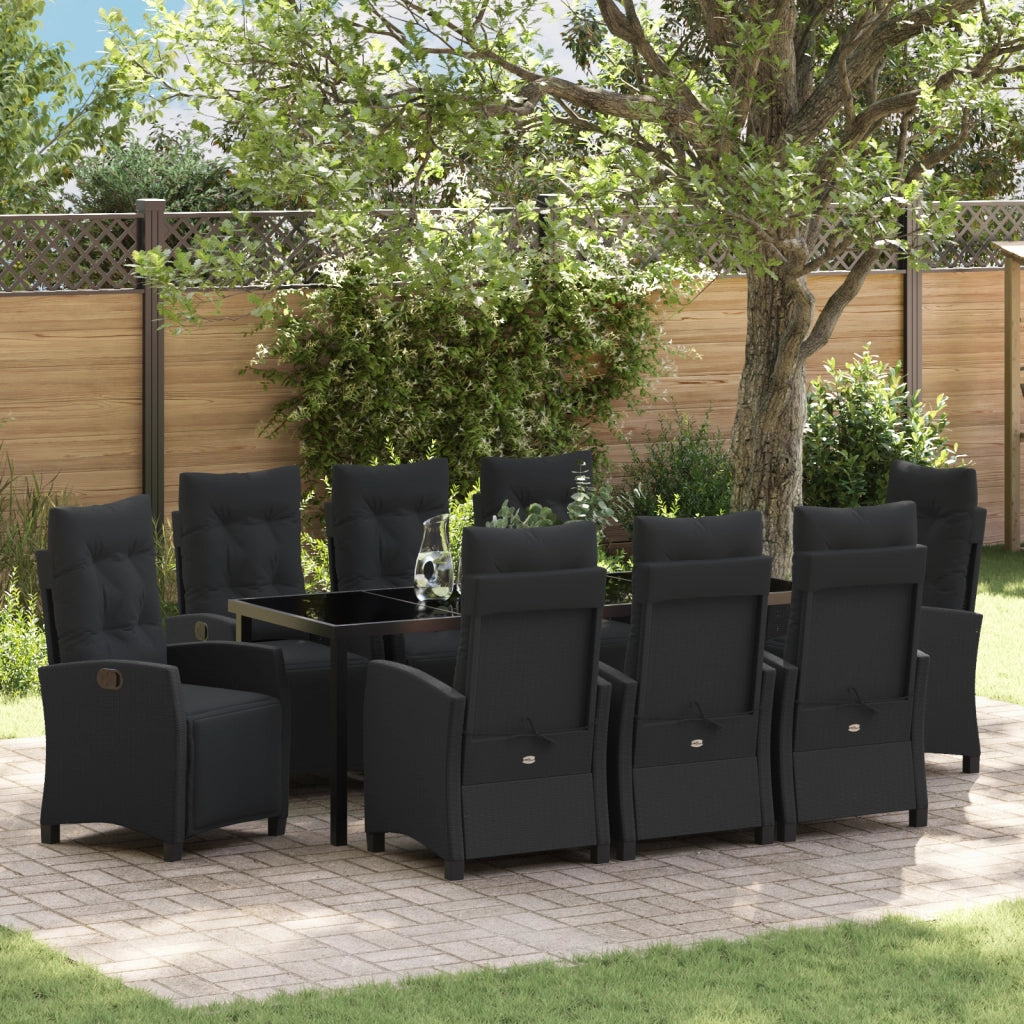 Set da Pranzo da Giardino 9 Pezzi Nero Rattan Poliestere
