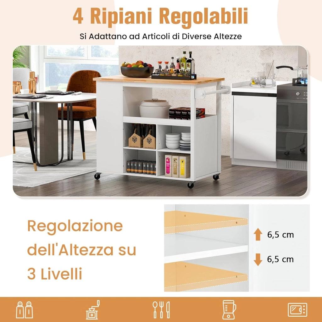 Carrello da Cucina, Carrello con Piano in Legno di Gomma con 4 Ripiani Regolabili Cassetto Ripiani per Spezie Porta Asciugamano e Ruote Bloccabili, 117x60x99 cm (Bianco)