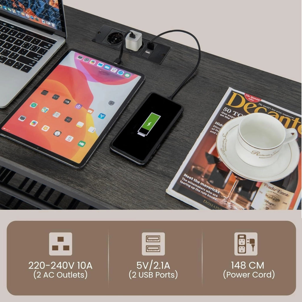 Credenza con portabottiglie per 21 bottiglie, Tavolo da cucina stretto con 2 porte USB e 2 prese, Portabottiglie a 3 livelli con portabicchieri, Tavolo portavino industriale Armadietto per