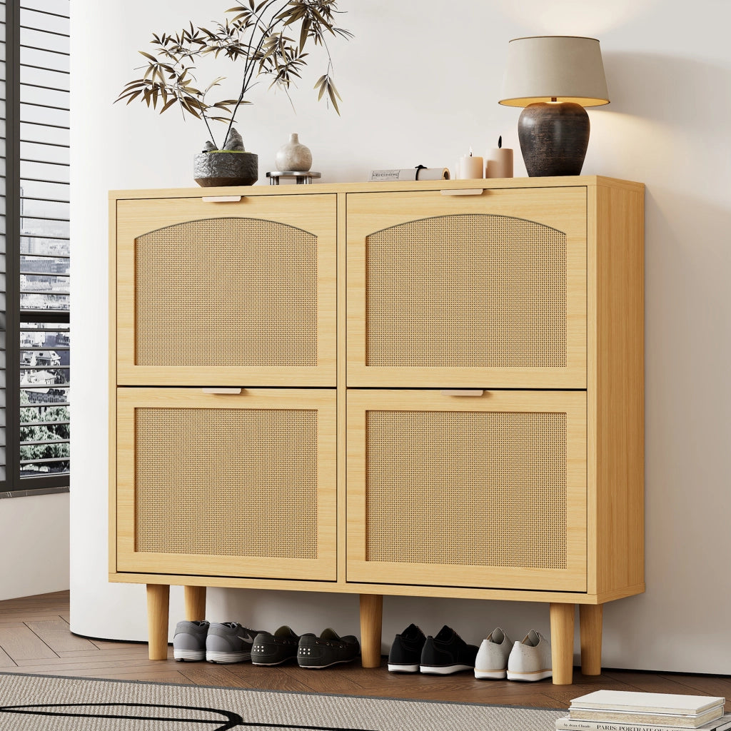 Scarpiera con 4 ante ribaltabili in stile rattan, mobile salvaspazio per ingresso con struttura in truciolare effetto rovere, 100 x 25 x 90 cm