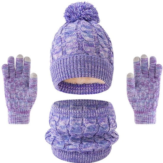 Set di calzature per bambini in lana calda, composto da cappello, sciarpa e guanti, con fodera di fleece, arcobaleno, colore viola