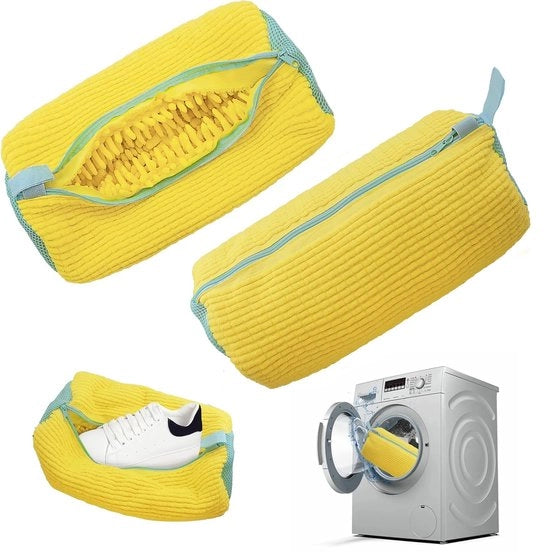 Set di 2 sacchetti per lavare scarpe, sacchetti per lavatrice per scarpe con setole di pulizia a 360°, sacchetto per scarpe lavabile con cerniera - Giallo