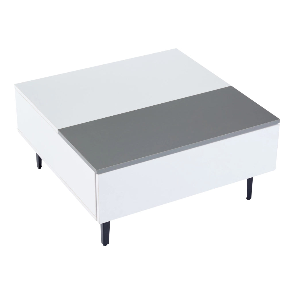 Tavolino da soggiorno sollevabile 70×70×35 cm con LED, vano contenitore e cassetto, bianco e grigio