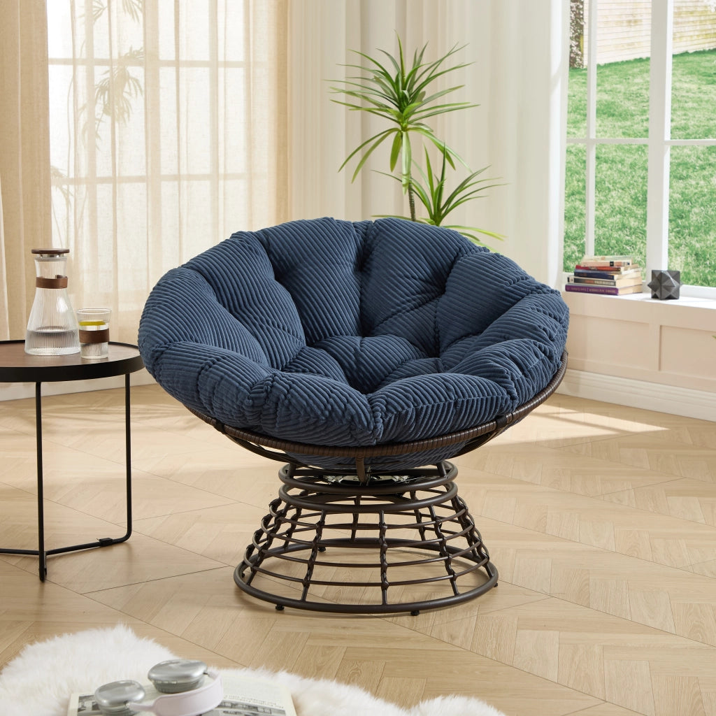 Sedia Papasan girevole multifunzione telaio marron in vimini cuscino blu navy confortevole resistente adatta per arredamento domestico e ambienti esterni