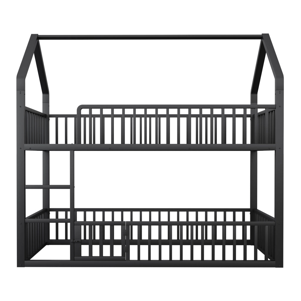 Letto a castello 90x200 cm con struttura a casetta e scala in metallo nero