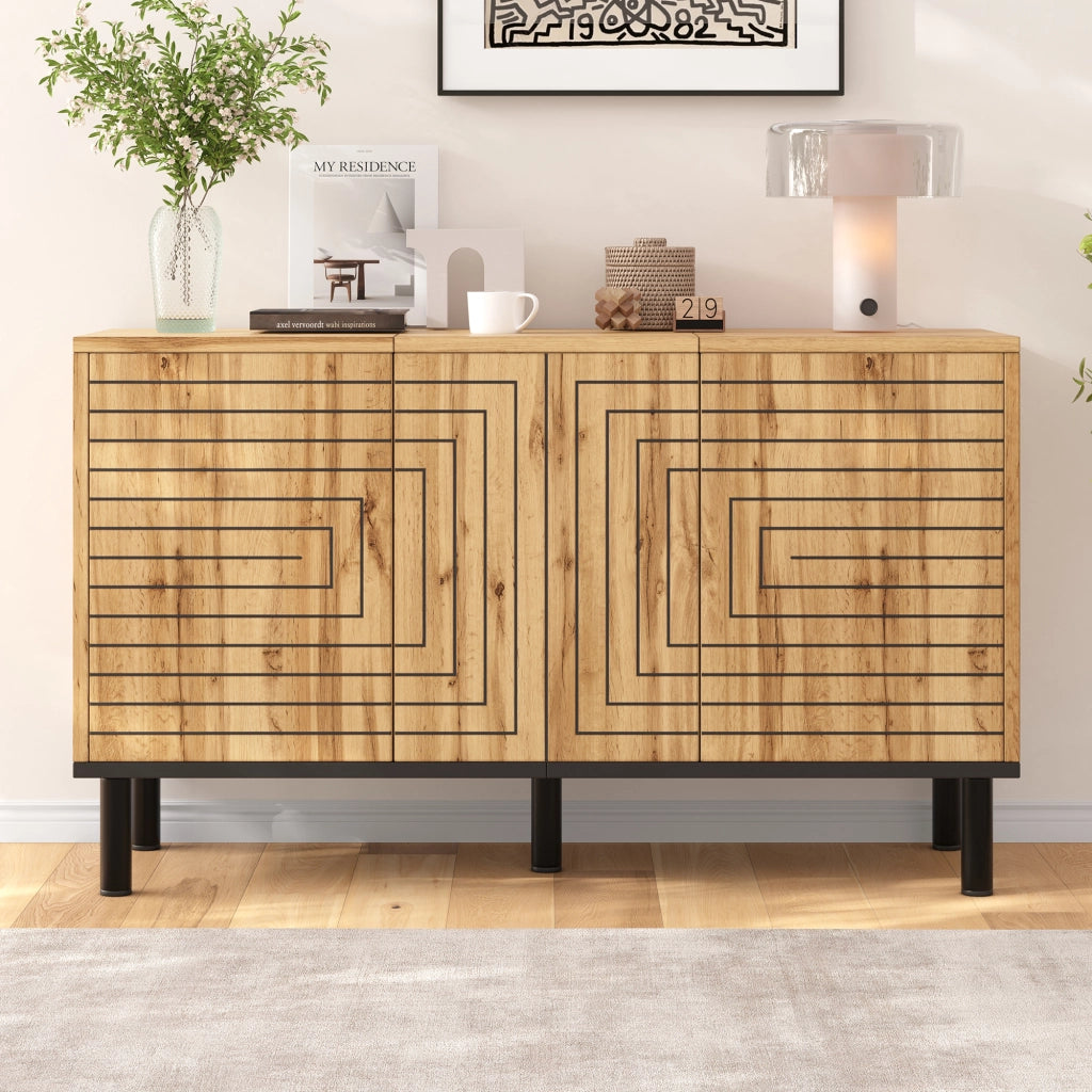 Credenza 120¡Á35¡Á68 cm con 3 ante push-open, motivo a onde, 6 vani, finitura effetto legno, portata fino a 50 kg