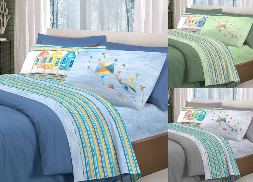 Completo Lenzuola Letto Pensieri Delicati 100% Cotone Dis. Aquiloni - Piazza E Mezza - Grigio