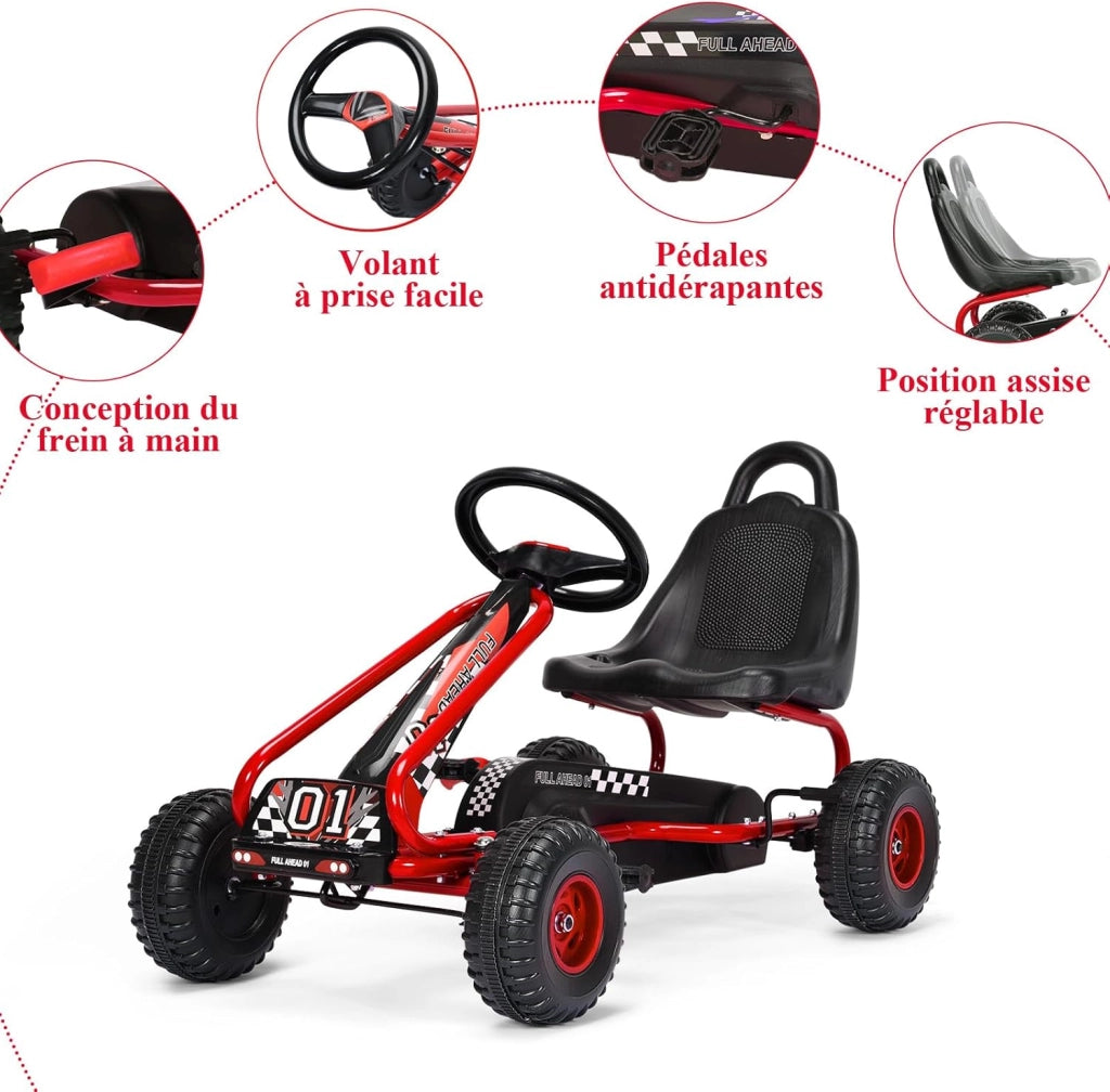 Go Kart a Pedali per Bambini, Macchina per Bambini con Sedili Regolabili in 2 Posizioni e 4 Ruote Antisdrucciolo, Carico 30 kg, per 3 Anni + (Rosso, 92 x 50 x 53 cm)