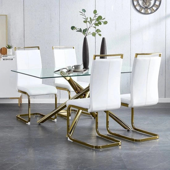Set di 4 Sedie da Cucina - Materiale Metallo - Rivestimento in Pelle di Finto - Colori Bianco e Giallo - Stile Moderno - Dimensioni 54x42 Cm - Impermeabile - Resina PU - Acqua Resistente