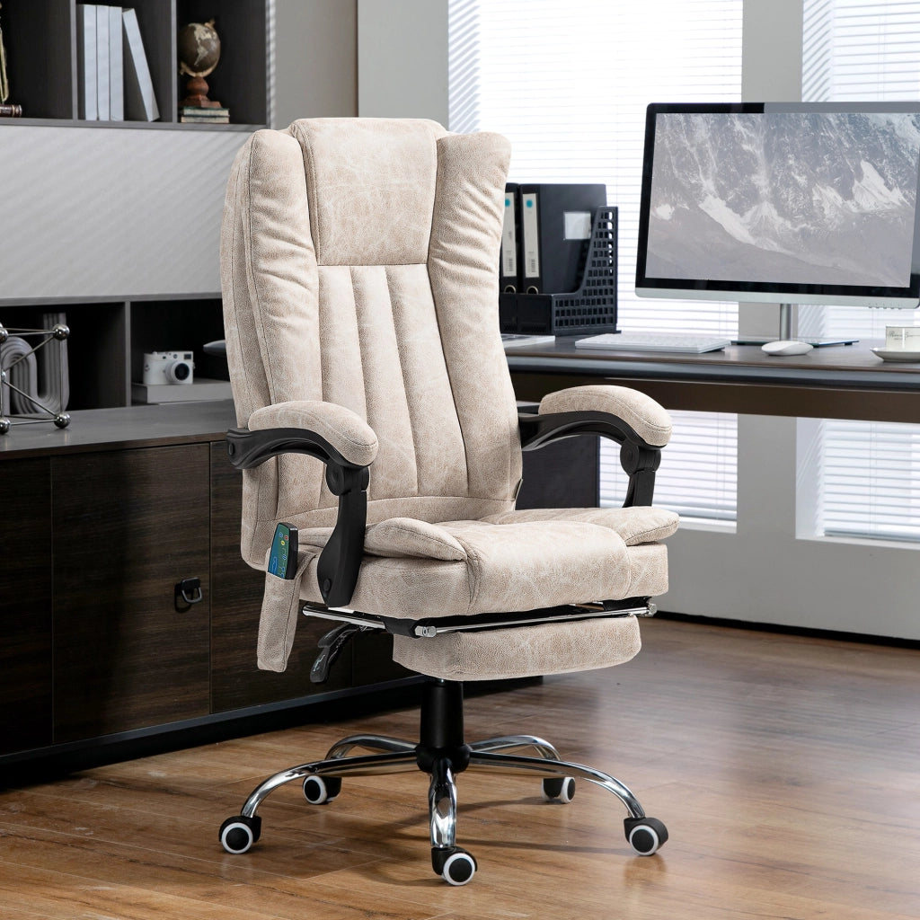 Sedia da Ufficio Massaggiante e Riscaldante con Poggiapiedi, in Microfibra, 62x70x113-120 cm, Crema