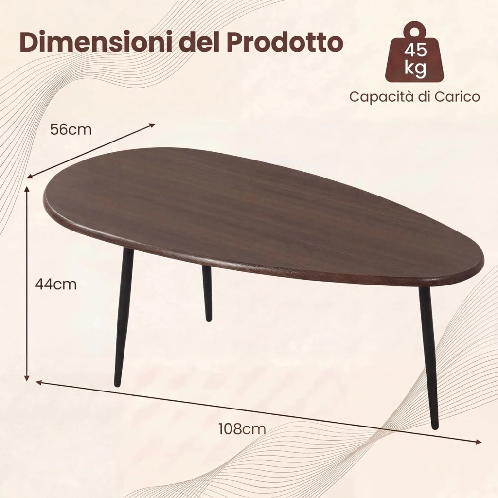 Tavolino da Caffè Mid-Century Moderno, Tavolino d'Accento Ovale Irregolare con Gambe in Metallo, Tavolino Compatto per Soggiorno, Ufficio Domestico, Angolo Lettura, Facile da Montare (Marrone)