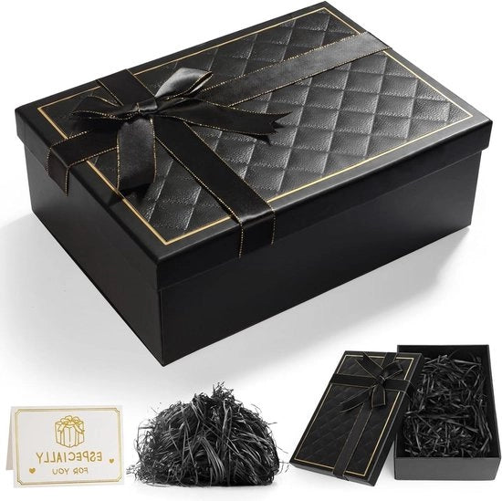 Scatola di regalo diagonale a strisce nera con nastri e cartolina di auguri per diverse occasioni - 25 x 18 x 8,5 cm