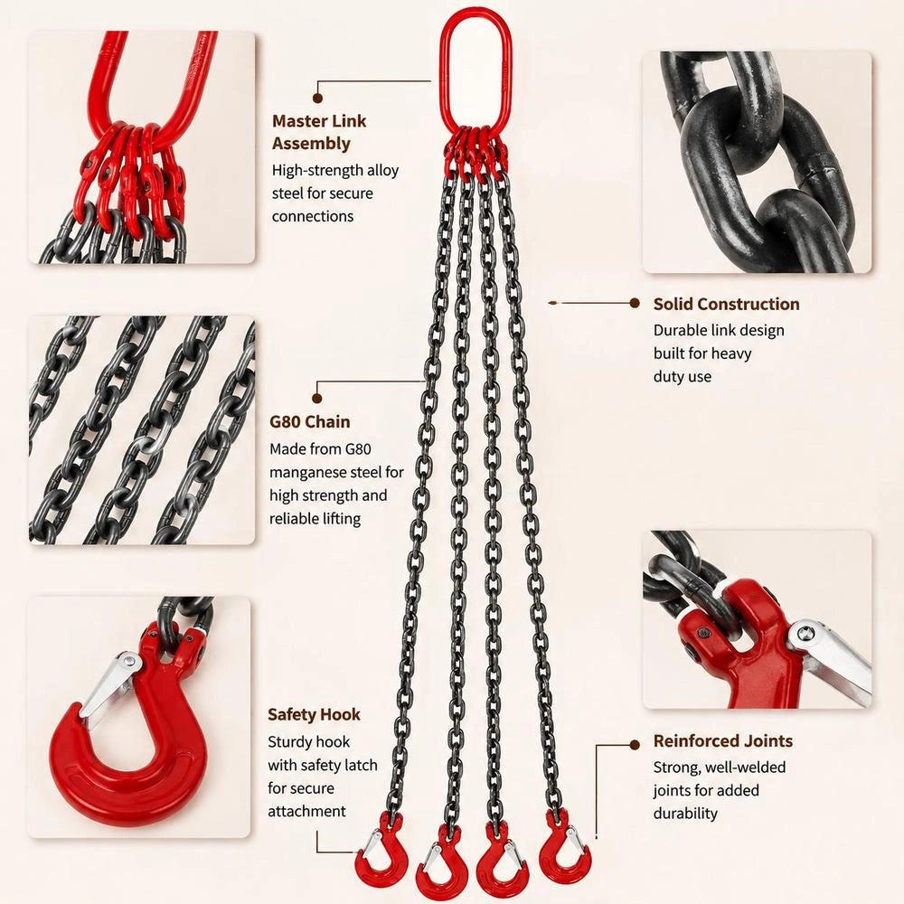 Chain Sling - 10.16 Mm X 2.01 M, Four-legged With Steel Hook - Grade 80