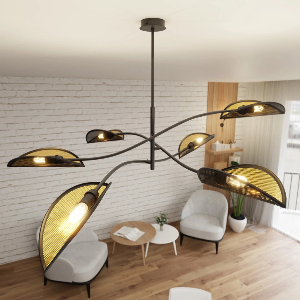 Sospensione Nordica 6 Luci Marte In Acciaio Nero Oro Bracci Regolabili