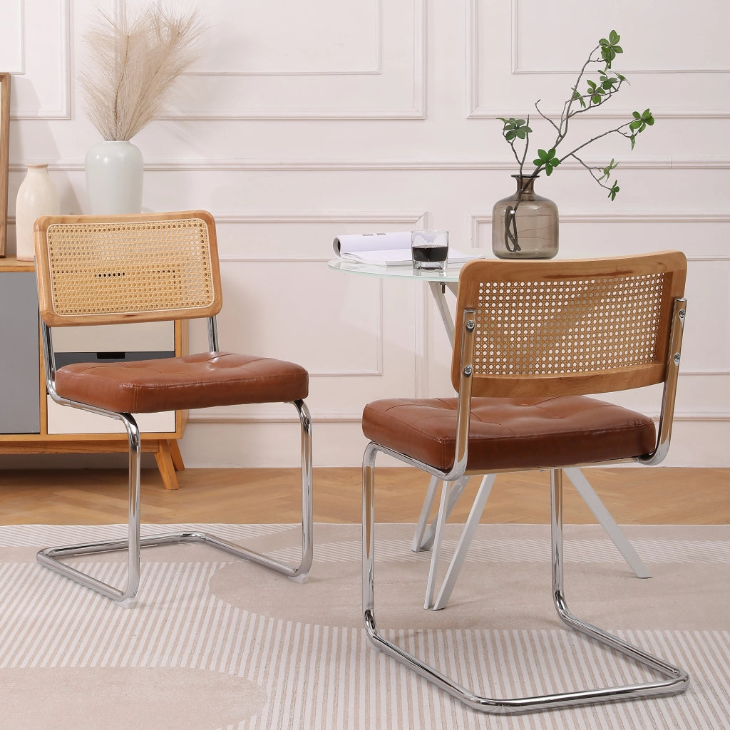 Set 2 Sedie da Pranzo ¨C MINIMAL ¨C Rattan, Similpelle, Schienale Mesh, Gambe Metallo, Marrone