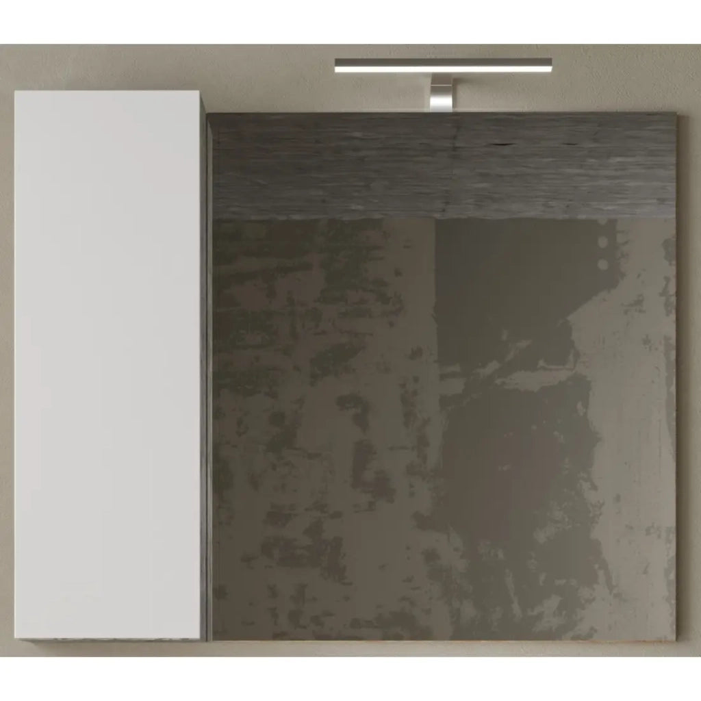 Specchio design con contenitore, 92x75 cm, collezione BURA, colori bianco lucido e cemento.