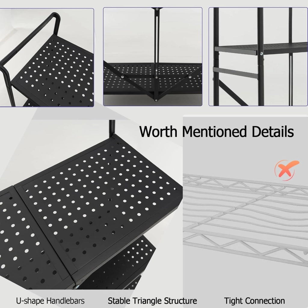Carrello Cucina Pieghevole a 3 Ripiani, in Mettallo, Scaffale Cucina con Ruote, Scaffale per Microonde, Forno, Tostapane, Carrello di Servizio Salvaspazio, 73 x 33 x 94 cm, Nero