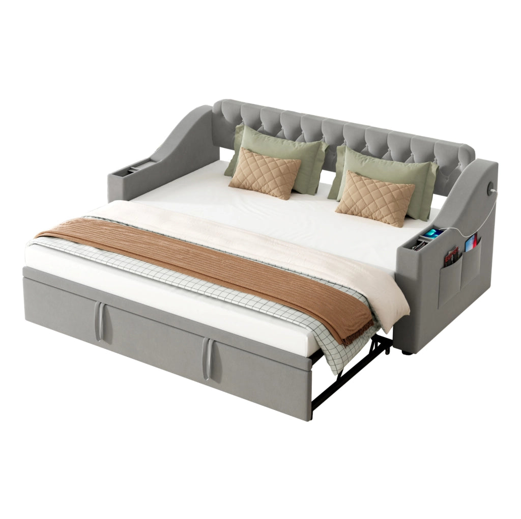 Divano letto imbottito 90x190 cm estendibile 180x190 cm in velluto grigio con USB e vani portaoggetti