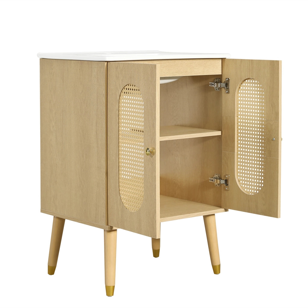 Mobile Sottolavabo 61x47x89 cm Effetto Legno con 2 Ante in Rattan e Ripiani Interni