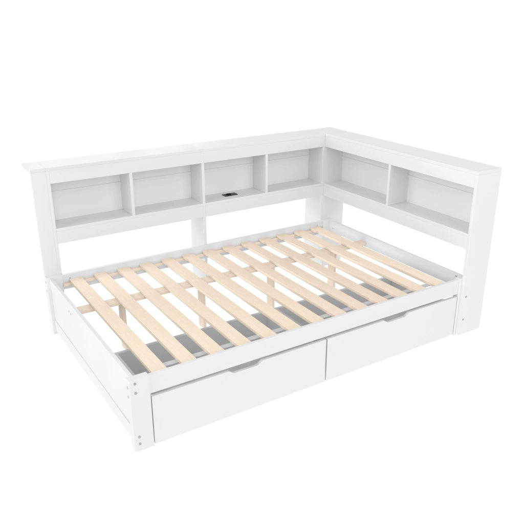 Letto a Divanetto 140x200 cm con Prese; 2 Porte USB; 2 Cassetti; in MDF e Pino; Bianco